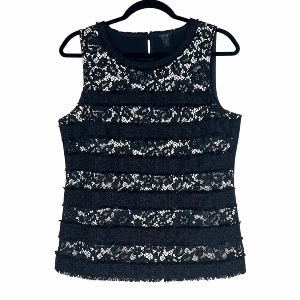 J Crew Fringy Tweed Lace Tank Top M Black Nude Eyelash Fringe Trim Blouse Career